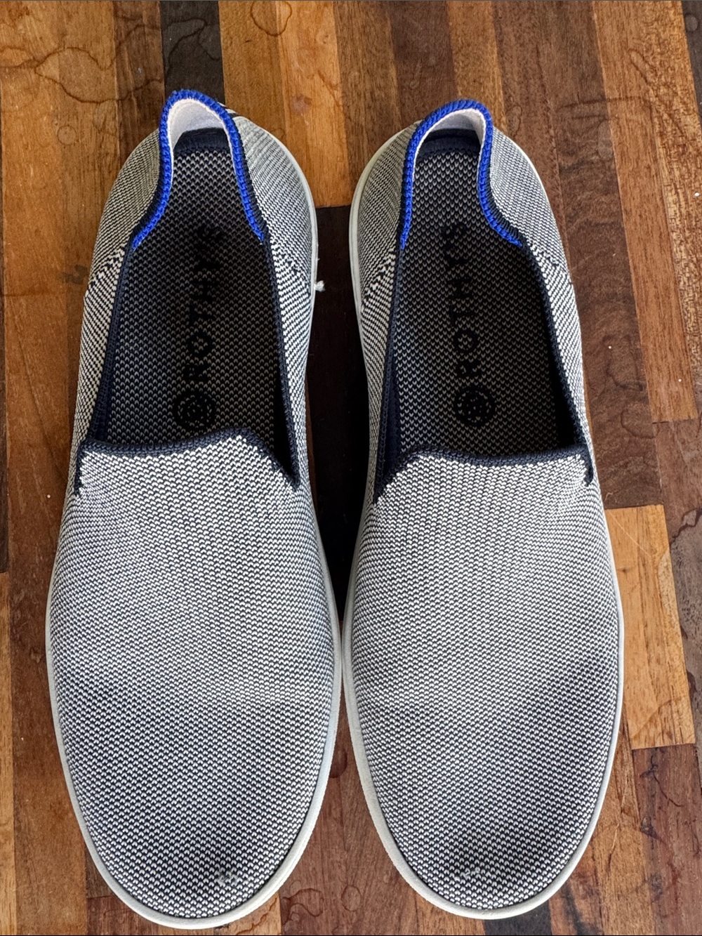 Rothy's Grey Knit Slip-On Flats with Blue Trim